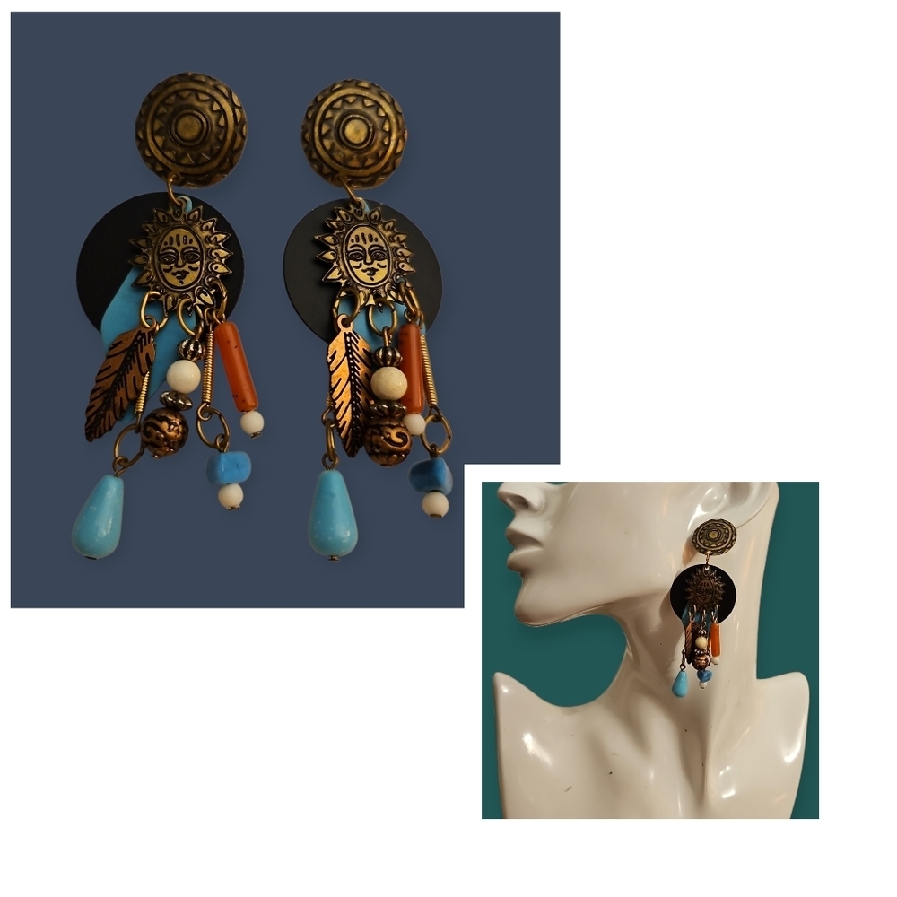 Vtg NEWPRO 1980s Boho Southwestern Sun Feather Festival Dangle Earrings